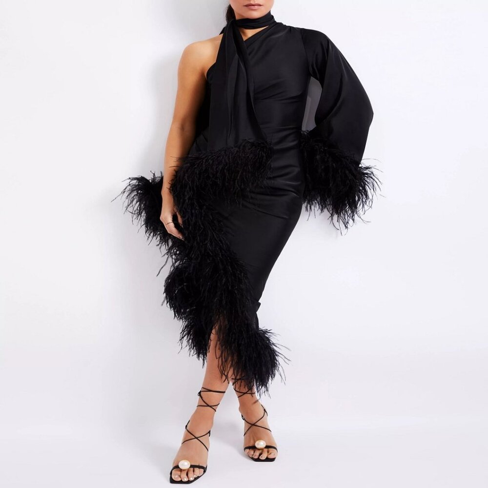 PatBo Feather Trim Oscar Black Dress Midi Cold Shoulder